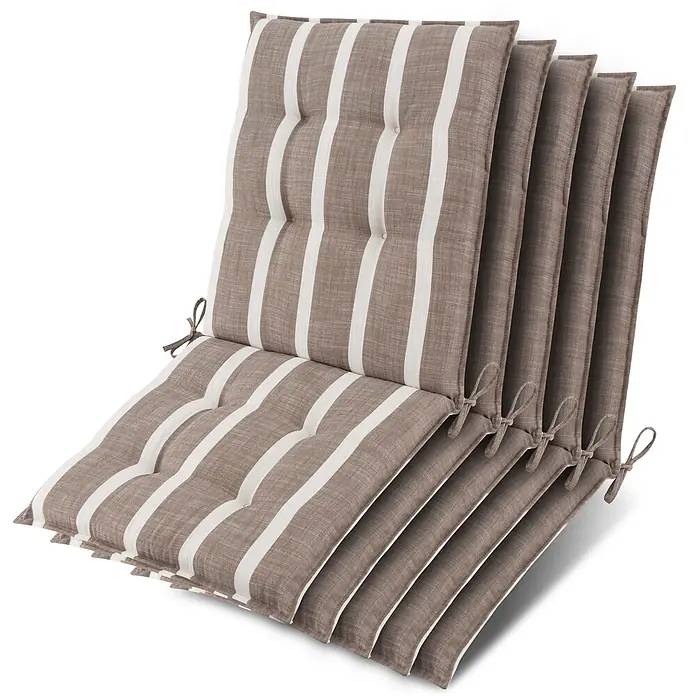 Beautissu Sitzauflage Sun-NL - Niederlehner, 5 Stk., Polyester, Weiß - Stapel braun-weiß gestreifter Stuhlkissen mit Bändern.