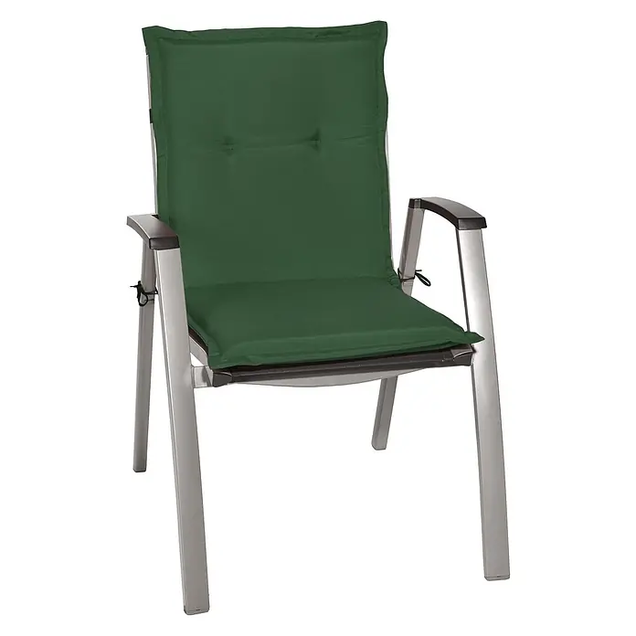 Beautissu Sitzauflage Loft NL - Niederlehner, 1 Stk., L x B x H: 100 x 50 x 6 cm, Polyester, Dunkelgrün - Silberner Metall-Outdoorstuhl mit dunkelbraunen Armlehnen und dunkelgrünen Rücken- und Sitzkissen.