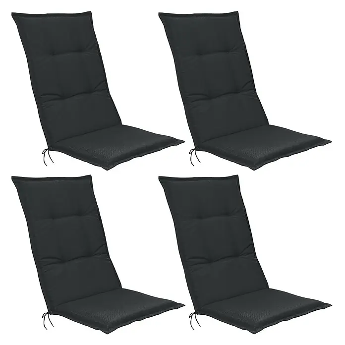 Beautissu Sitzauflage Base HL - Hochlehner, 4 Stk., L x B x H: 120 x 50 x 6 cm, Polyester, Graphitgrau - Vier schwarze Stuhlkissen mit gesteppten Rückenlehnen und Bändern.