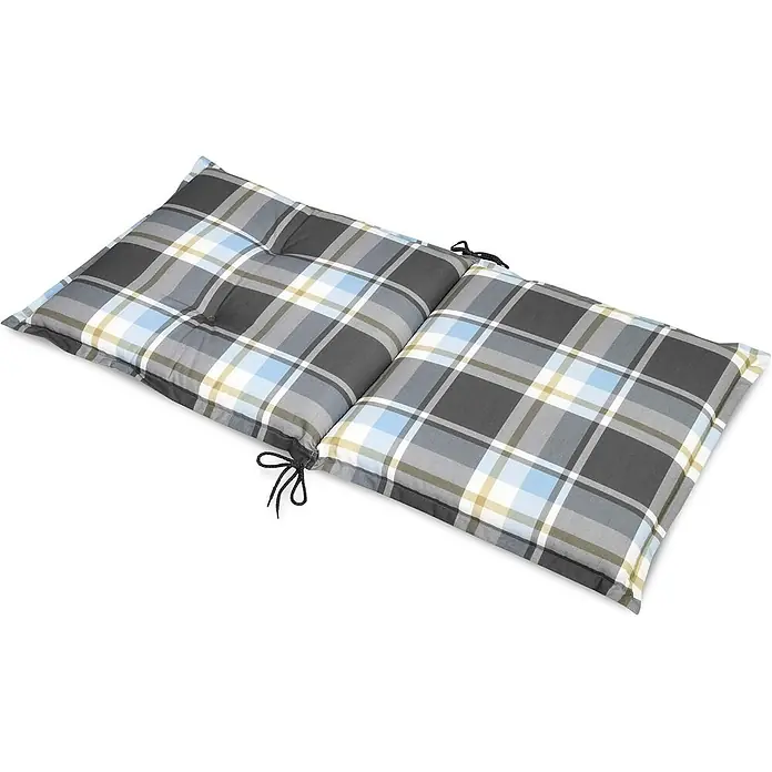Beautissu Sitzauflage Sunny NL - Niederlehner, 2 Stk., L x B x H: 100 x 50 x 6 cm, Polyester, Blau - Kariertes zweiteiliges getuftetes Kissen mit Muster in Dunkelgrau, Hellgrau, Weiß, Blau und Beige und Bindebändern.