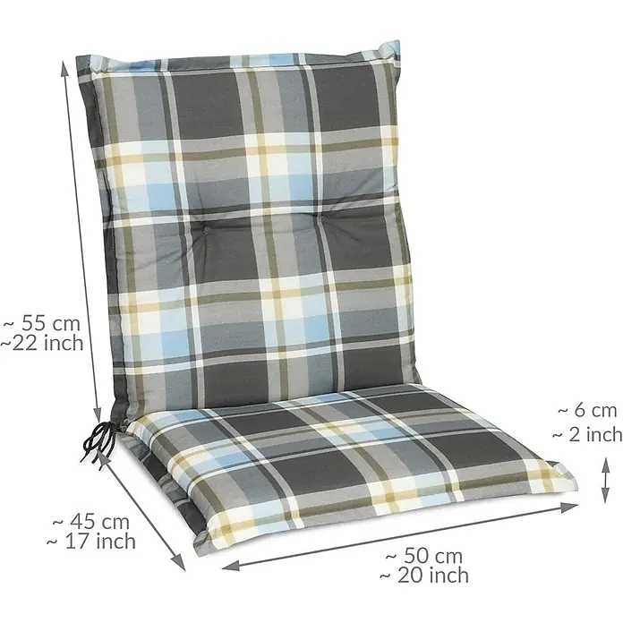 Beautissu Sitzauflage Sunny NL - Niederlehner, 2 Stk., L x B x H: 100 x 50 x 6 cm, Polyester, Blau - Kariertes Gartenstuhlauflage in Grau, Blau und Beige, mit Knöpfen und Bändern.