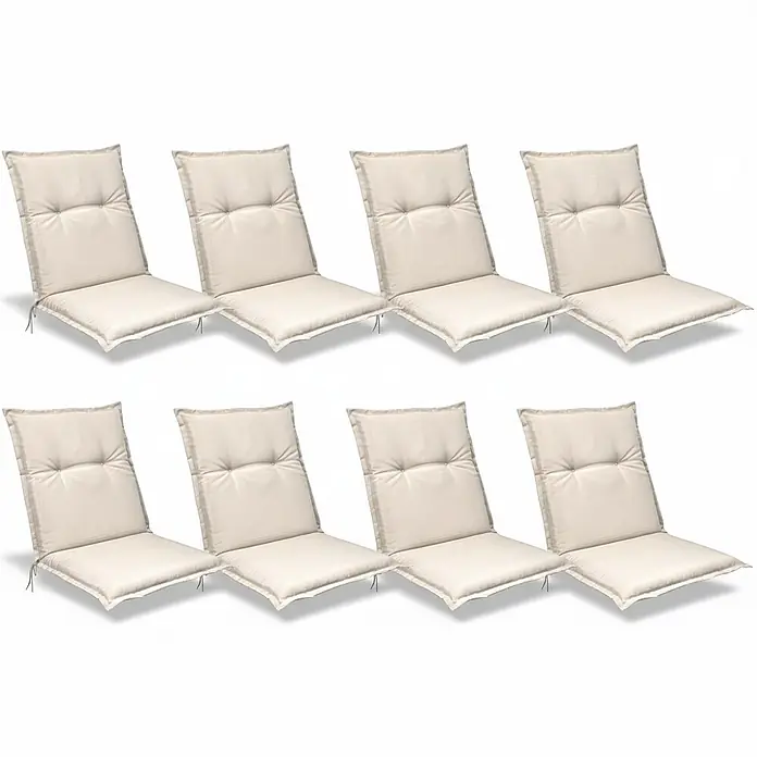 Beautissu Sitzauflage Base NL - Niederlehner, 8 Stk., L x B x H: 100 x 50 x 6 cm, Polyester, Natur - Acht cremefarbene Outdoor-Stuhlkissen mit Rückenlehnen und Knopffixierungen.