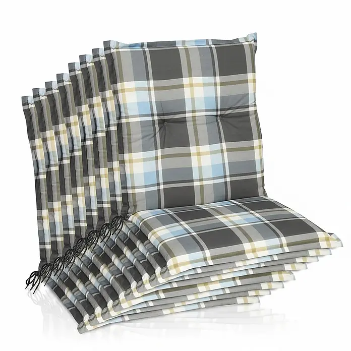 Beautissu Sitzauflage Sunny NL - Niederlehner, 8 Stk., L x B x H: 100 x 50 x 6 cm, Polyester, Blau - Stapel von sechs karierten Outdoor-Stuhlkissen in Grau, Blau und Beige mit Bindebändern.
