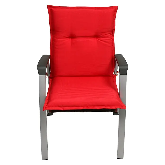 Beautissu Sitzauflage Base NL - Niederlehner, 2 Stk., Polyester, Rot - Rotes, gepolstertes Outdoor-Stuhlkissen mit gesteppter Rückenlehne und Befestigungsbändern am silbernen Rahmen.