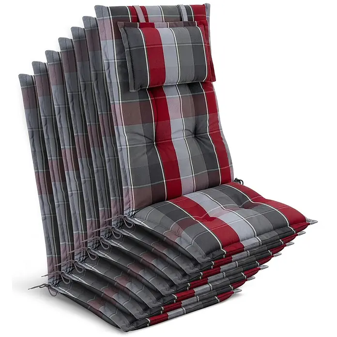 Beautissu Sitzauflage Highlux HL - Hochlehner, 7 Stk., L x B x H: 120 x 52 x 7 cm, Polyester, Grau-Rot-Hellblau-Kariert - Gestapelte karierte Stuhlkissen in Rot, Grau und Schwarz mit weißen Linien, mit Heftung und Befestigungsbändern.