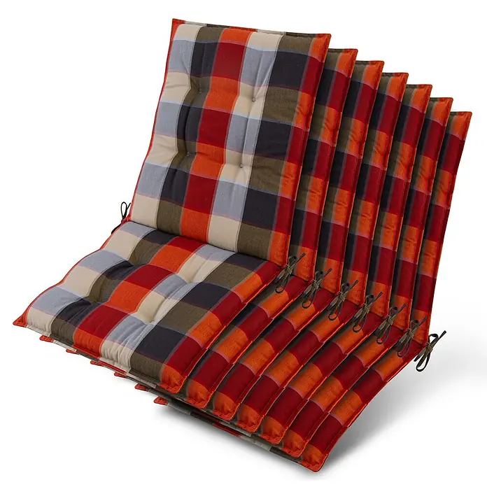 Beautissu Sitzauflage Sun-NL - Niederlehner, 7 Stk., L x B x H: 100 x 50 x 8 cm, Polyester, Orange - Gestapelte karierte Stuhlkissen in Rot, Orange, Beige, Grau und Dunkelbraun mit Bändern.