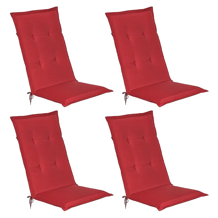 Beautissu Sitzauflage Loft Hl - Hochlehner, 4 Stk., L x B x H: 120 x 50 x 6 cm, Polyester, Rot - Vier rote Outdoor-Stuhlkissen mit Bändern.