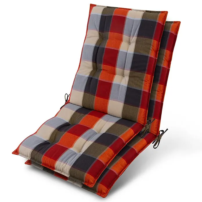 Beautissu Sitzauflage Sun-NL - Niederlehner, 2 Stk., Polyester, Orange-beige-kariert - Zwei karierte Outdoor-Stuhlkissen in Rot, Orange, Grau, Schwarz und Beige, mit Heftung und Bändern.