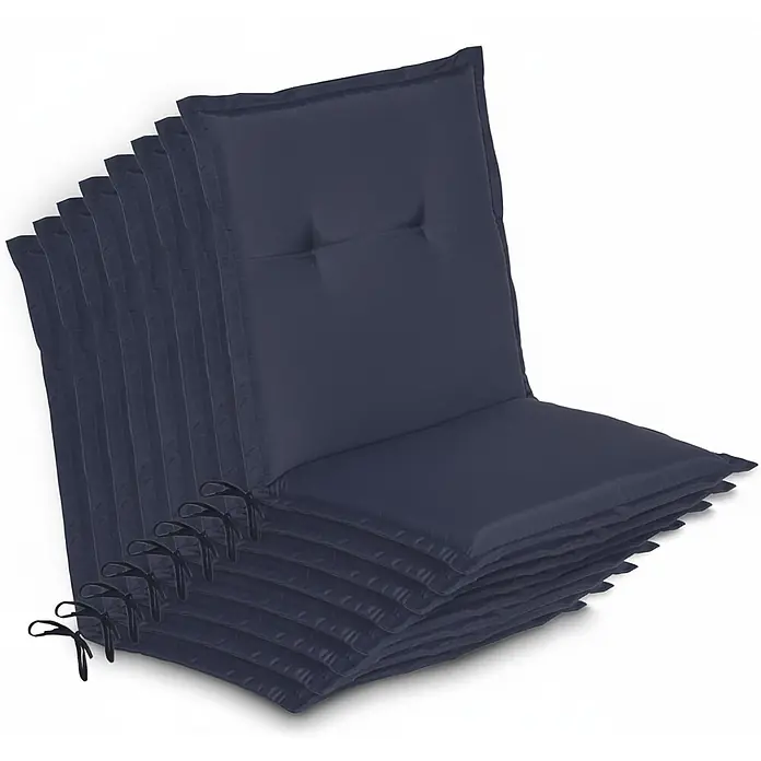 Beautissu Sitzauflage Loft Nl - Niederlehner, 8 Stk., L x B x H: 100 x 50 x 6 cm, Polyester, Dunkelblau - Ein Stapel dunkelblauer, gepolsterter Stuhlkissen mit Bändern für den Innen- oder Außenbereich.
