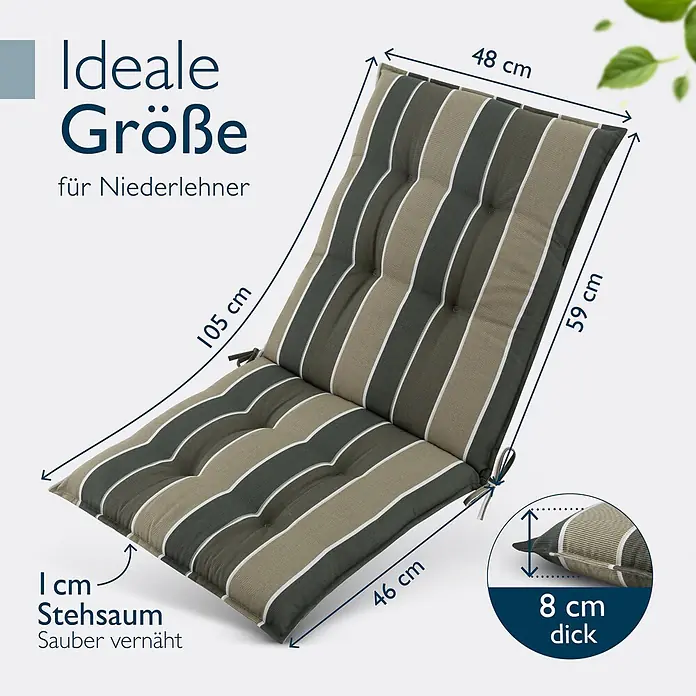 Beautissu Sitzauflage Sun-NL - Niederlehner, 1 Stk., Polyester, grün-gestreift - Gestreiftes Stuhlkissen in Olivgrün, Beige und Weiß, Maße: 105x48x8 cm, mit 1 cm Stehsaum.