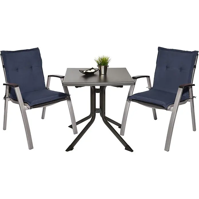 Beautissu Sitzauflage Loft Nl - Niederlehner, 2 Stk., L x B x H: 100 x 50 x 6 cm, Polyester, Dunkelblau - Outdoor-Bistro-Set mit einem dunkelgrauen quadratischen Tisch und zwei silberfarbenen Stühlen mit marineblauen Kissen.