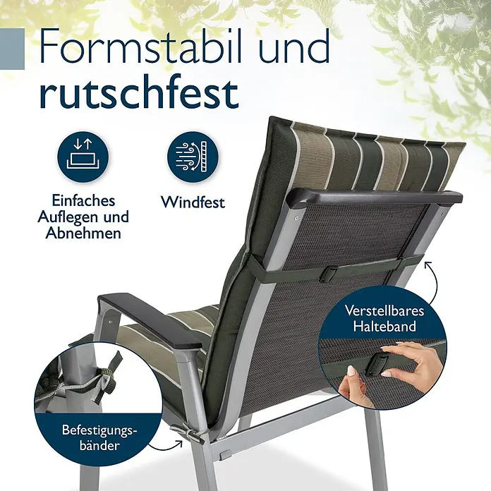 Beautissu Sitzauflage Sun-NL - Niederlehner, 1 Stk., Polyester, grün-gestreift - Gestreiftes grün-beiges Gartenstuhl-Kissen, zeigt verstellbare Gurte und Bänder für stabilen, rutschfesten und winddichten Halt.