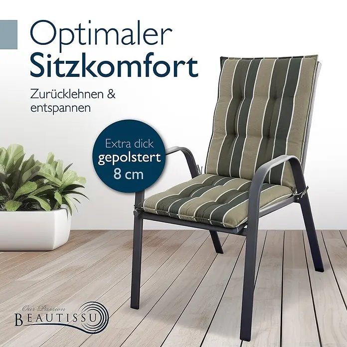 Beautissu Sitzauflage Sun-NL - Niederlehner, 1 Stk., Polyester, grün-gestreift - Dickes 8 cm gestreiftes grün-beiges Outdoor-Stuhlkissen mit Bändern auf einem dunklen Metall-Gartenstuhl.