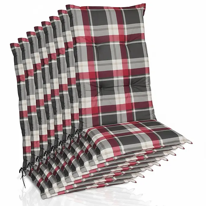 Beautissu Sitzauflage Sunny HL - Hochlehner, 8 Stk., Polyester, Bordeaux - Stapel karierter Stuhlkissen in Rot, Grau und Weiß, mit separaten Sitz- und Rückenlehnenbereichen und Bindebändern.