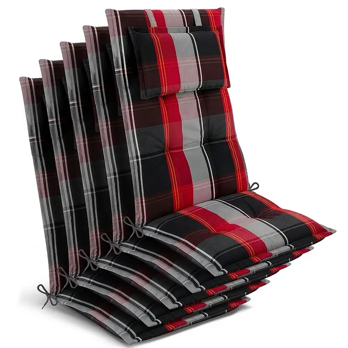 Beautissu Sitzauflage Highlux HL - Hochlehner, 5 Stk., Polyester, Schwarz-Rot-Weiß-Kariert - Stapel karierter Outdoor-Sitzkissen in Rot, Schwarz, Grau und Weiß mit gelben Akzenten und Bändern.