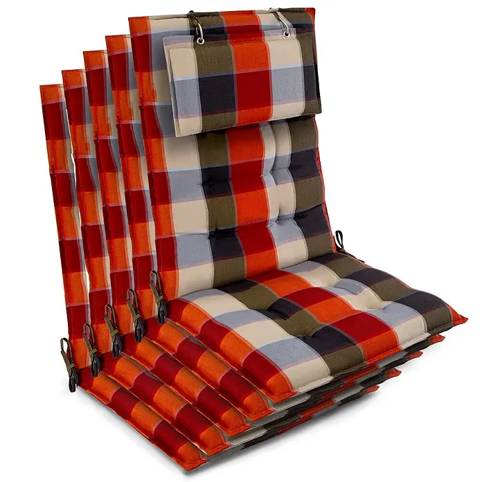Beautissu Sitzauflage Sun-HL - Hochlehner, 5 Stk., Polyester, Orange - Stapel von fünf gesteppten Plaid-Stuhlkissen in Rot, Orange, Beige, Grau und Dunkelgrün mit Befestigungsbändern.