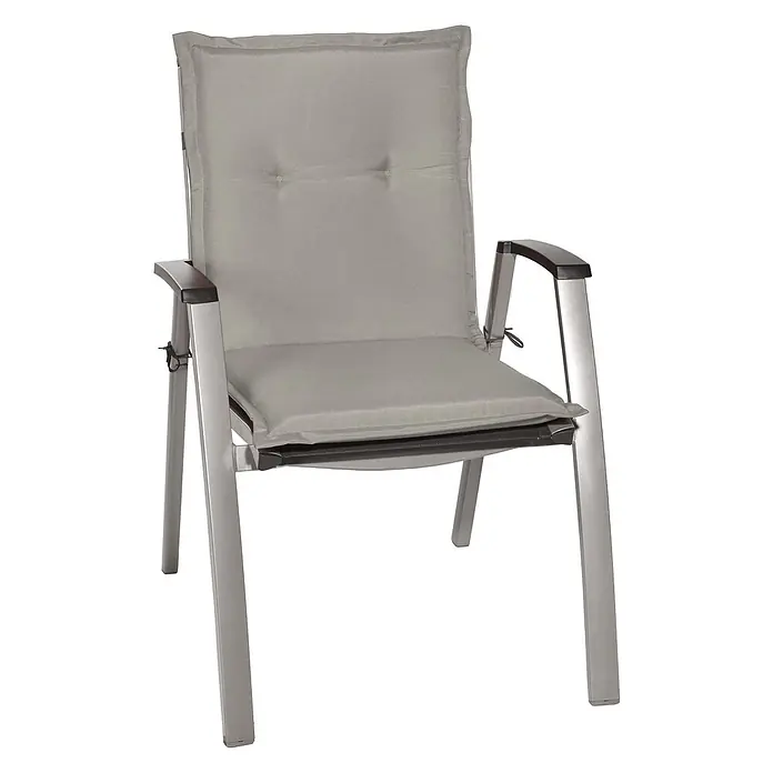 Beautissu Sitzauflage Loft NL - Niederlehner, 1 Stk., L x B x H: 100 x 50 x 6 cm, Polyester, Hellgrau - Silberner Aluminium-Gartenstuhl mit grauen Sitz- und Rückenpolstern.