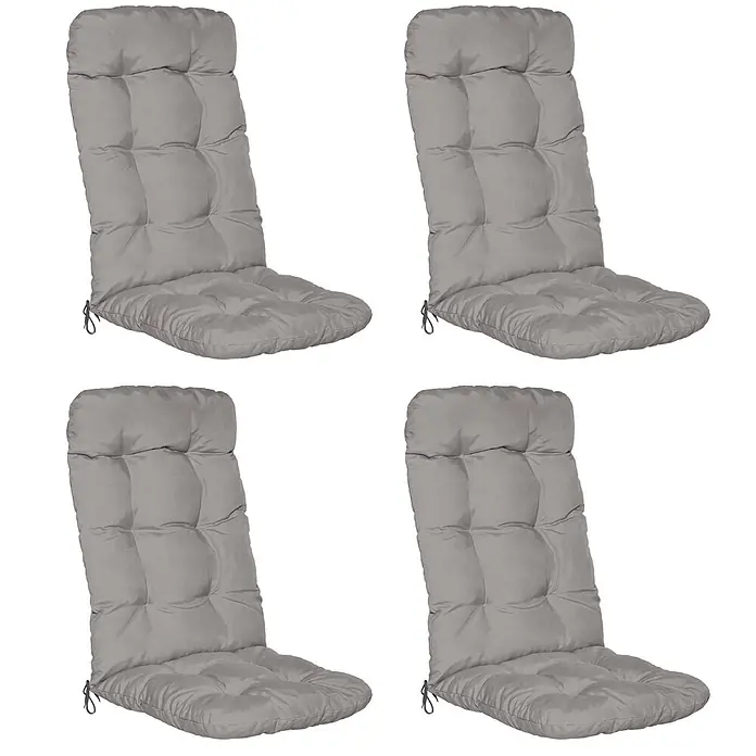 Beautissu Sitzauflage Flair HL - Hochlehner, 4 Stk., L x B x H: 120 x 50 x 8 cm, Polyester, Hellgrau - Vier graue, gepolsterte Stuhlkissen mit Steppnähten und Bändern.