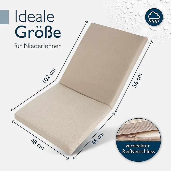 Beautissu Sitzauflage QD-NL - Niederlehner, 1 Stk., L x B x H: 105 x 48 x 5 cm, Polyester, Beige - Beiges Outdoor-Kissen für Niederlehner, mit Maßen, verdecktem Reißverschluss und wetterfestem Stoff.