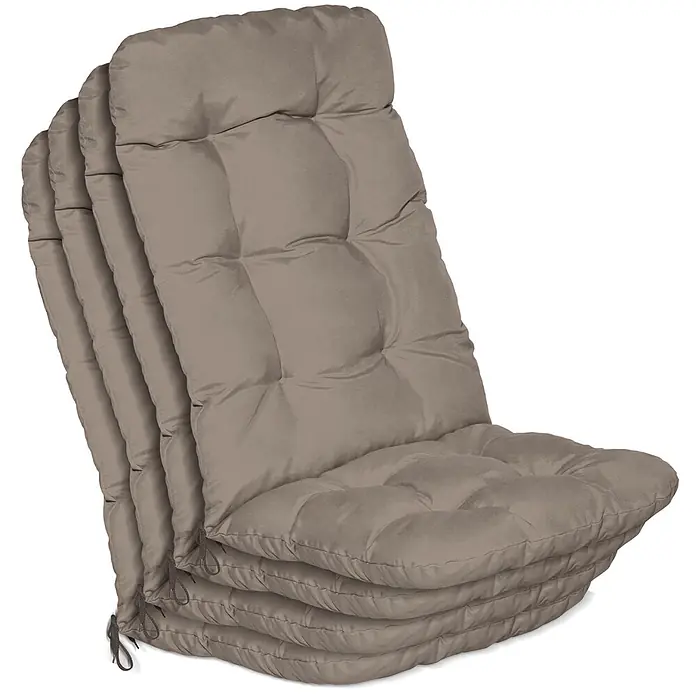 Beautissu Sitzauflage Flair HL - Hochlehner, 4 Stk., L x B x H: 120 x 50 x 8 cm, Polyester, Taupe - Stapel aus vier beigefarbenen/taupefarbenen gepolsterten Stuhlkissen mit Befestigungsbändern.