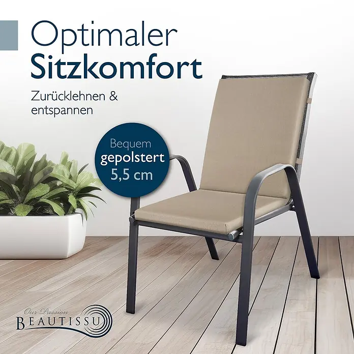 Beautissu Sitzauflage QD-NL - Niederlehner, 1 Stk., L x B x H: 105 x 48 x 5 cm, Polyester, Beige - Gartenstuhl mit dunkelgrauem Gestell und dicken beigen Polstern für optimalen Sitzkomfort.