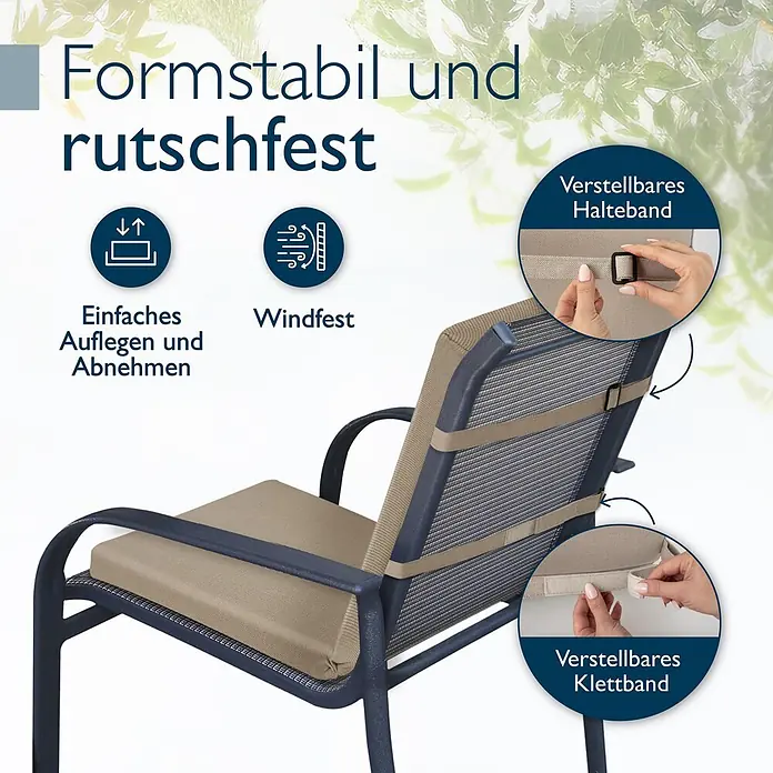 Beautissu Sitzauflage QD-NL - Niederlehner, 1 Stk., L x B x H: 105 x 48 x 5 cm, Polyester, Beige - Beiges Outdoor-Stuhlkissen mit verstellbaren Gurten und Klettverschluss für rutschfeste, windfeste und stabile Befestigung am Stuhl.
