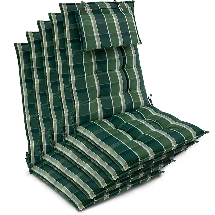 Beautissu Sitzauflage Sun-HL - Hochlehner, 5 Stk., Polyester, Grün-Kariert - Gestapelte, grün karierte Stuhlkissen mit Bändern und Metallclips.