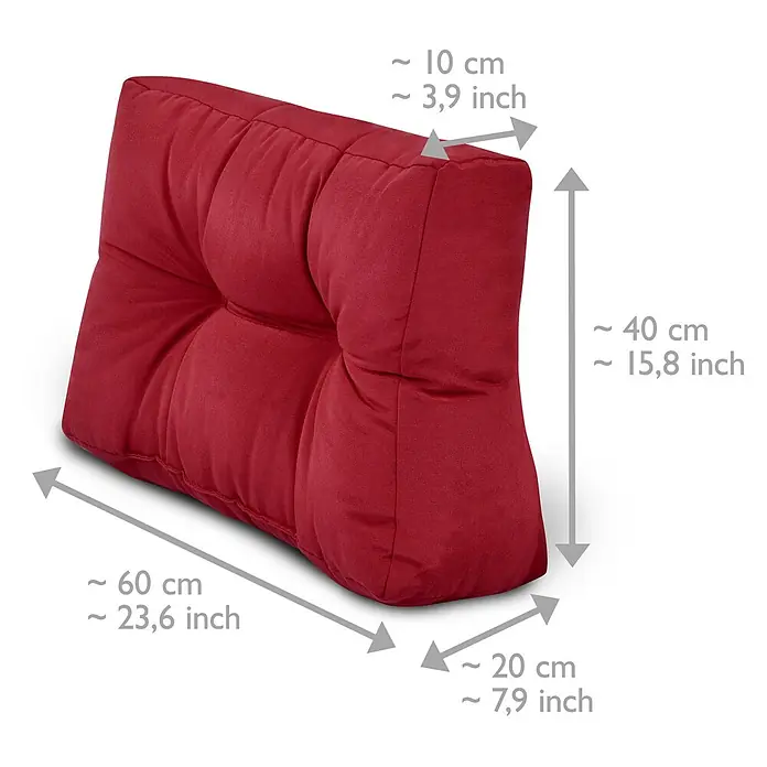 Beautissu Sitzauflage Eco Style - Europalette, 2 Stk., Polyester, Rot - Rotes Keilkissen aus Stoff mit Steppnähten, Maße für Länge, Höhe und Breite sind angegeben.