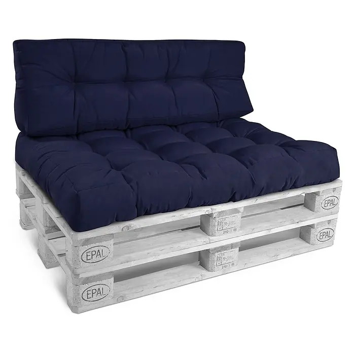 Beautissu Sitzauflage Eco Style - Europalette, 1 Stk., Polyester, Dunkelblau - Marineblauer getufteter Palettensofa mit weißem Holzpalettenuntergestell.