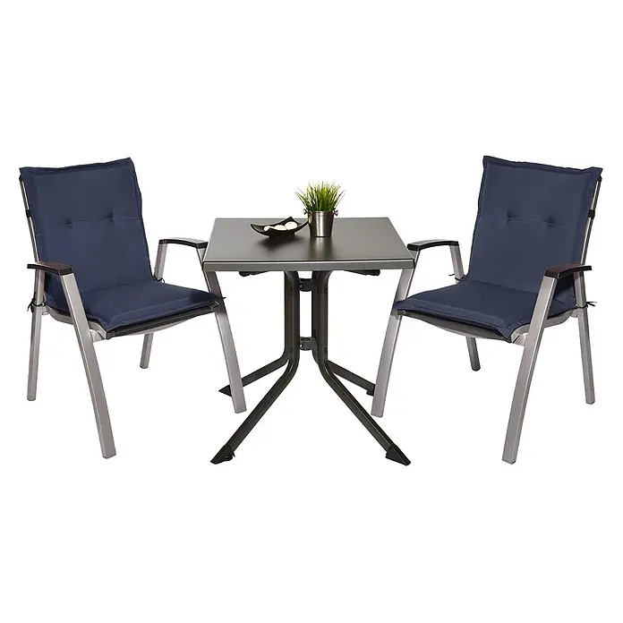 Beautissu Sitzauflage Loft Nl - Niederlehner, 4 Stk., L x B x H: 100 x 50 x 6 cm, Polyester, Dunkelblau - Garten-Bistrotisch-Set mit einem dunkelgrauen quadratischen Tisch und zwei Stühlen mit hellgrauen Gestellen und marineblauen Kissen.