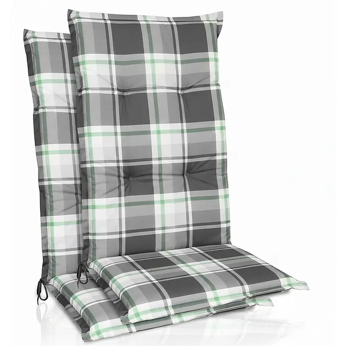 Beautissu Sitzauflage Sunny HL - Hochlehner, 2 Stk., Polyester, Mintgrün - Zwei Gartenstuhlauflagen mit Karomuster in Grau, Weiß und Hellgrün, mit geknöpften Rückenlehnen und Bindebändern.