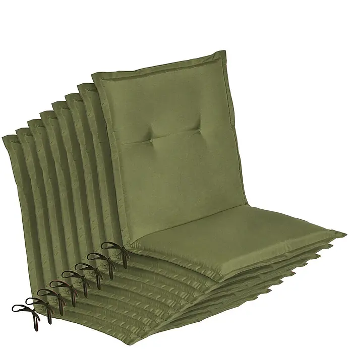 Beautissu Sitzauflage Loft Nl - Niederlehner, 8 Stk., L x B x H: 0 x 0 x 0 cm, Polyester, Olivgrün - Stapel olivgrüner Stuhlkissen mit Bändern zur sicheren Befestigung.