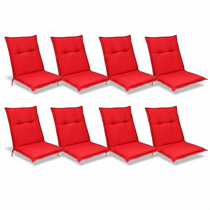 Beautissu Sitzauflage Base NL - Niederlehner, 8 Stk., Polyester, Rot - Acht rote Textil-Stuhlkissen mit Rückenlehnen.