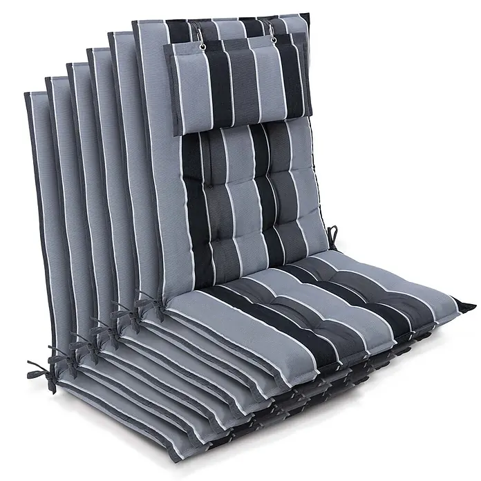 Beautissu Sitzauflage Sun-HL - Hochlehner, 6 Stk., Polyester, anthrazit-gestreift - Gestapelte Outdoor-Stuhlkissen mit schwarz, grau und weiß gestreiften Mustern, mit Bändern und Schlaufen.