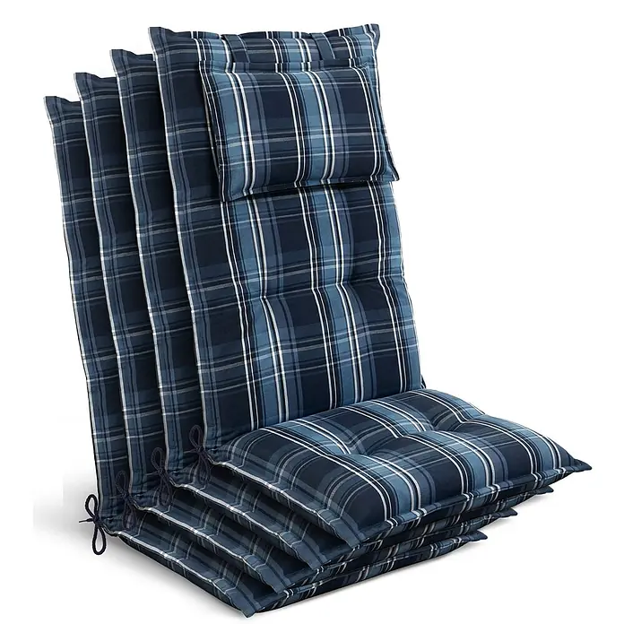 Beautissu Sitzauflage Highlux HL - Hochlehner, 4 Stk., Polyester, Blau-Weiß-Kariert - Vier gestapelte blau karierte Stuhlkissen mit Knopfheftung und Bindebändern.