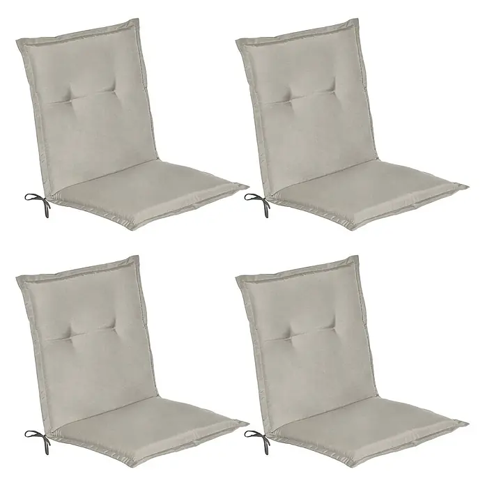 Beautissu Sitzauflage Loft Nl - Niederlehner, 4 Stk., Polyester, Hellgrau - Vier hellgraue Outdoor-Stuhlkissen mit gesteppten Rückenlehnen und Bindebändern.