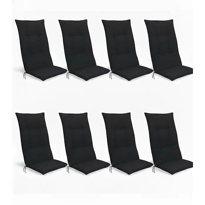 Beautissu Sitzauflage Base HL - Hochlehner, 8 Stk., L x B x H: 120 x 50 x 6 cm, Polyester, Graphitgrau - Acht schwarze Hochlehner-Stuhlkissen mit Bändern.