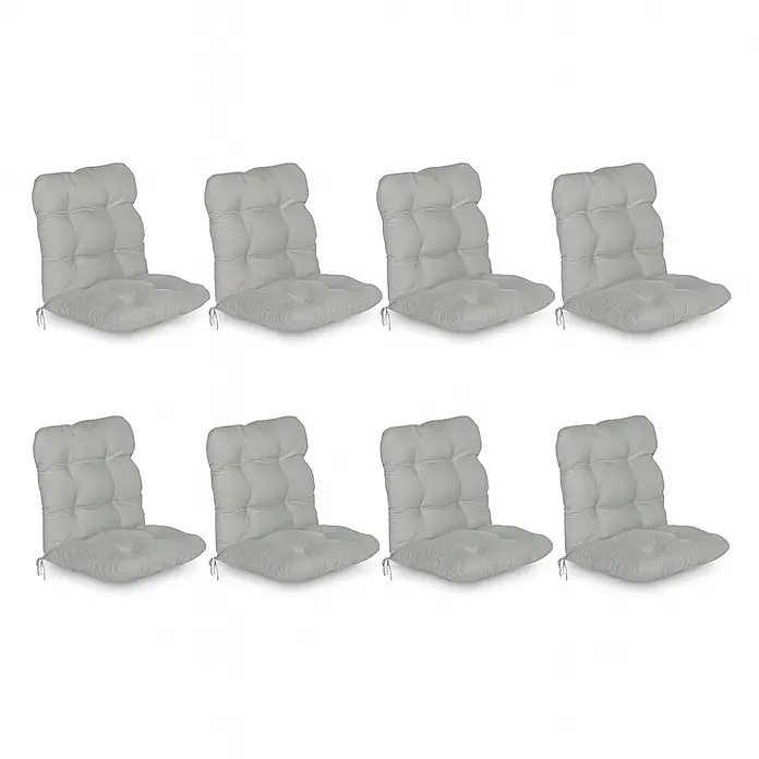 Beautissu Sitzauflage Flair NL - Niederlehner, 8 Stk., L x B x H: 100 x 50 x 8 cm, Polyester, Hellgrau - Acht hellgraue getuftete Stuhlkissen mit Bändern für den Außen- oder Innenbereich.