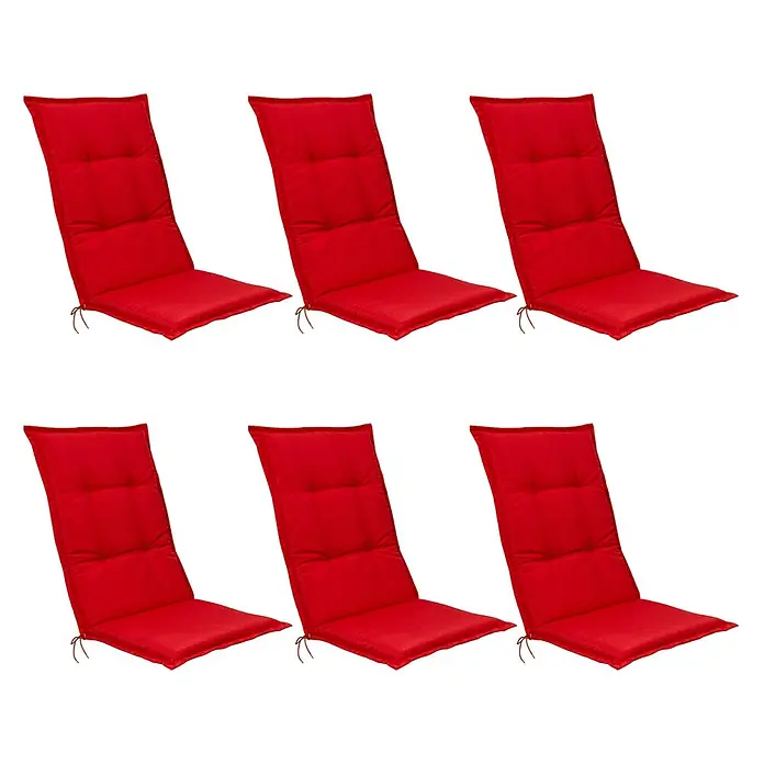 Beautissu Sitzauflage Base HL - Hochlehner, 6 Stk., L x B x H: 120 x 50 x 6 cm, Polyester, Rot - Sechs rote Stuhlkissen, gepolstert und gesteppt, mit Bindebändern.