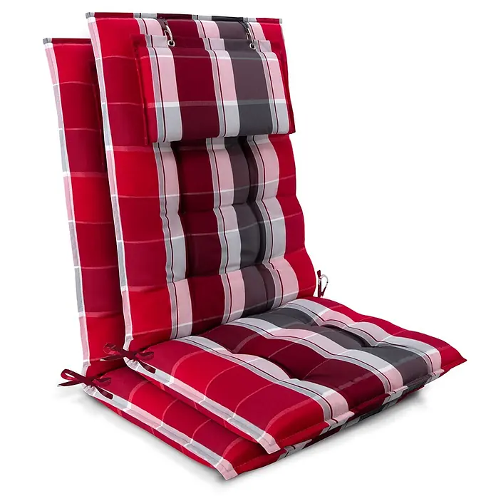 Beautissu Sitzauflage Sun-HL - Hochlehner, 2 Stk., Polyester, rot-gestreift - Rotes, grau-weiß kariertes Stuhlkissen mit Schlaufen und Bindebändern zur Befestigung.