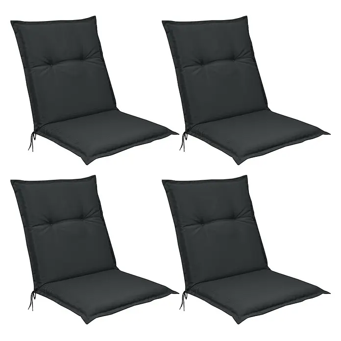 Beautissu Sitzauflage Base NL - Niederlehner, 4 Stk., L x B x H: 100 x 50 x 6 cm, Polyester, Graphitgrau - Set aus vier schwarzen Outdoor-Stuhlkissen mit getufteten Rückenlehnen und gestreiften Sitzen.
