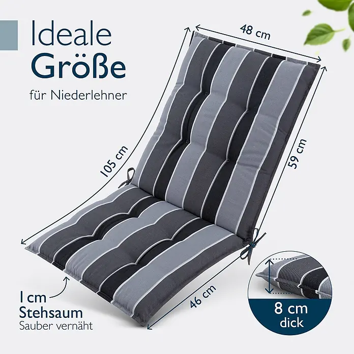 Beautissu Sitzauflage Sun-NL - Niederlehner, 1 Stk., L x B x H: 105 x 50 x 8 cm, Polyester, Anthrazit-gestreift - Gestreiftes Stuhlkissen in Grautönen mit Maßen, ideal für Niederlehner.