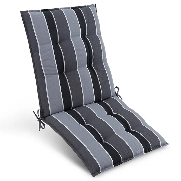 Beautissu Sitzauflage Sun-NL - Niederlehner, 1 Stk., L x B x H: 105 x 50 x 8 cm, Polyester, Anthrazit-gestreift - Gestreifte Liegestuhlauflage in Grau, Schwarz und Weiß mit Heftung und Bändern.
