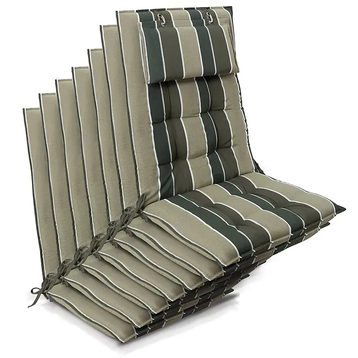 Beautissu Sitzauflage Sun-HL - Hochlehner, 7 Stk., Polyester, grün-gestreift - Gestreifte grün-beige mehrteilige Gartenstuhlauflage mit Bändern und Haken.