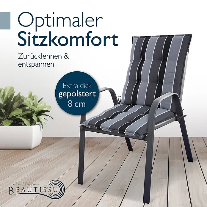 Beautissu Sitzauflage Sun-NL - Niederlehner, 1 Stk., L x B x H: 105 x 50 x 8 cm, Polyester, Anthrazit-gestreift - Dunkelgrauer Gartenstuhl mit dickem, gestreiftem schwarz-grau-weißem Polster für optimalen Sitzkomfort und Entspannung.
