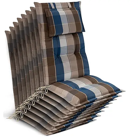 8x Gartenstuhlauflage Hochlehner 120x50x7cm, Braun-Blau-Kariert