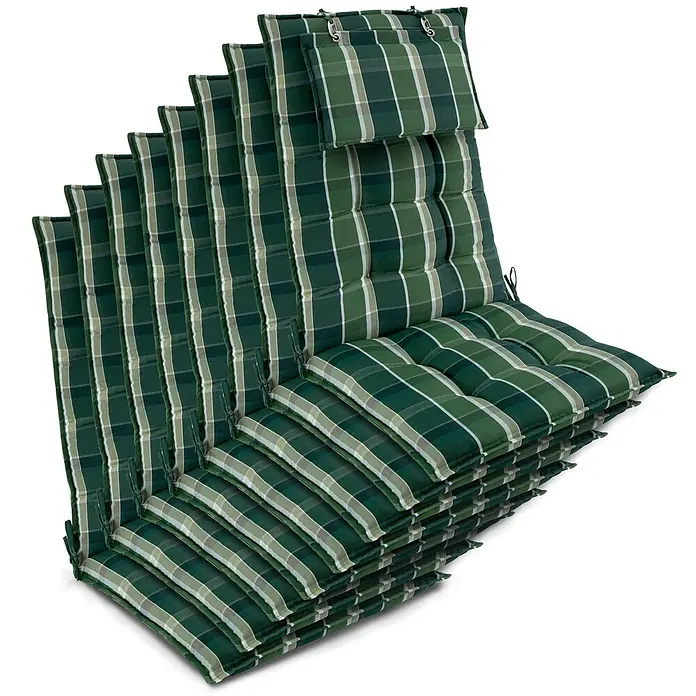 Beautissu Sitzauflage Sun-HL - Hochlehner, 8 Stk., Polyester, grün-kariert - Gestapelte grüne karierte Outdoor-Kissen mit Bändern und Aufhängeschlaufen.