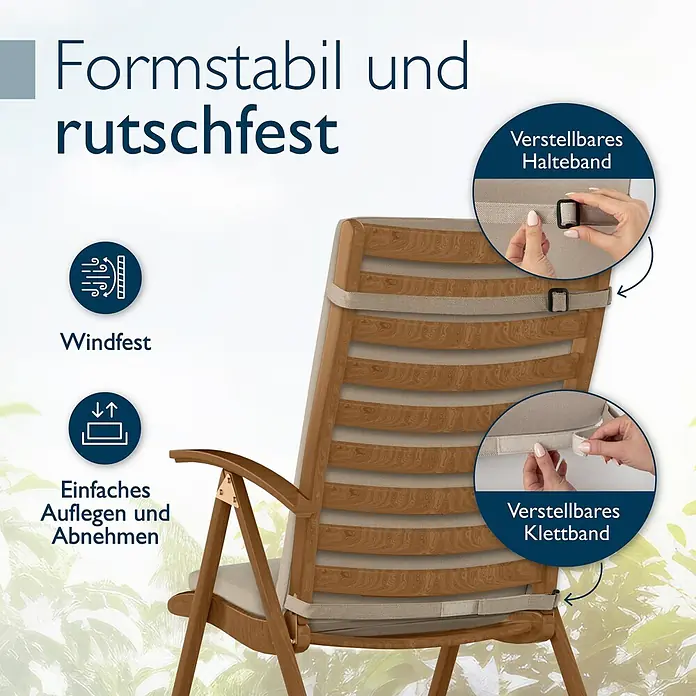 Beautissu Sitzauflage QD-HL - Hochlehner, 1 Stk., Polyester, Beige - Helle Stuhlauflage mit verstellbaren Halte- und Klettbändern auf einem Holzstuhl. Formstabil, rutschfest und windfest.