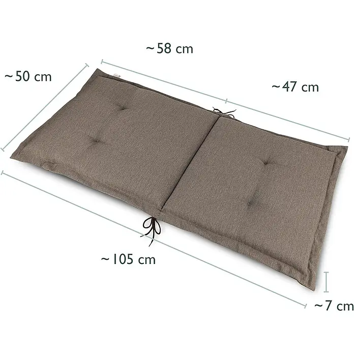 Beautissu Sitzauflage HighLux NL - Niederlehner, 6 Stk., L x B x H: 105 x 50 x 7 cm, Polyester, Taupe - Braunes, gestepptes Outdoor-Kissen mit Bändern, zweigeteilt und mit Maßen versehen.