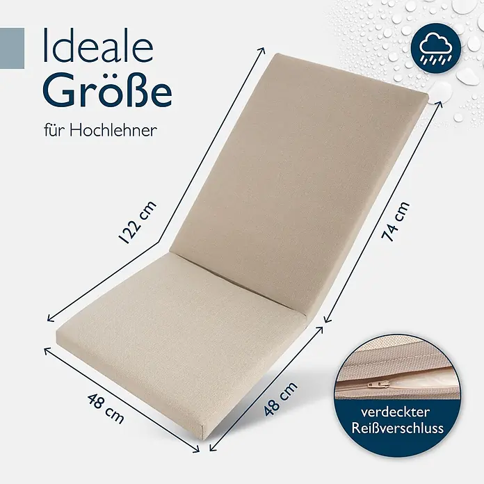 Beautissu Sitzauflage QD-HL - Hochlehner, 1 Stk., Polyester, Beige - Beiges, zweiteiliges Stuhlkissen für Hochlehner, 122x48 cm, mit verdecktem Reißverschluss und wasserabweisendem Stoff.
